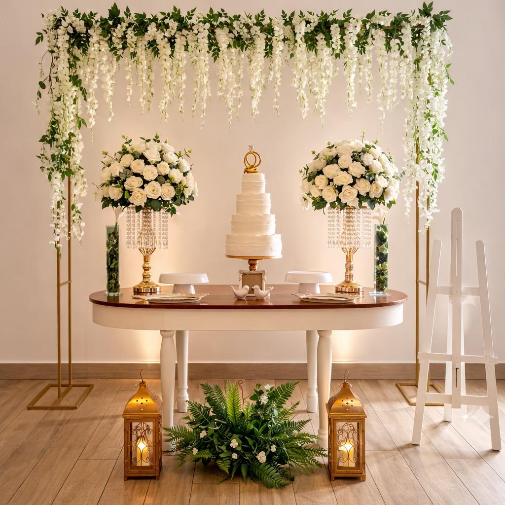 Montagem clássica de casamento com arco e arranjos